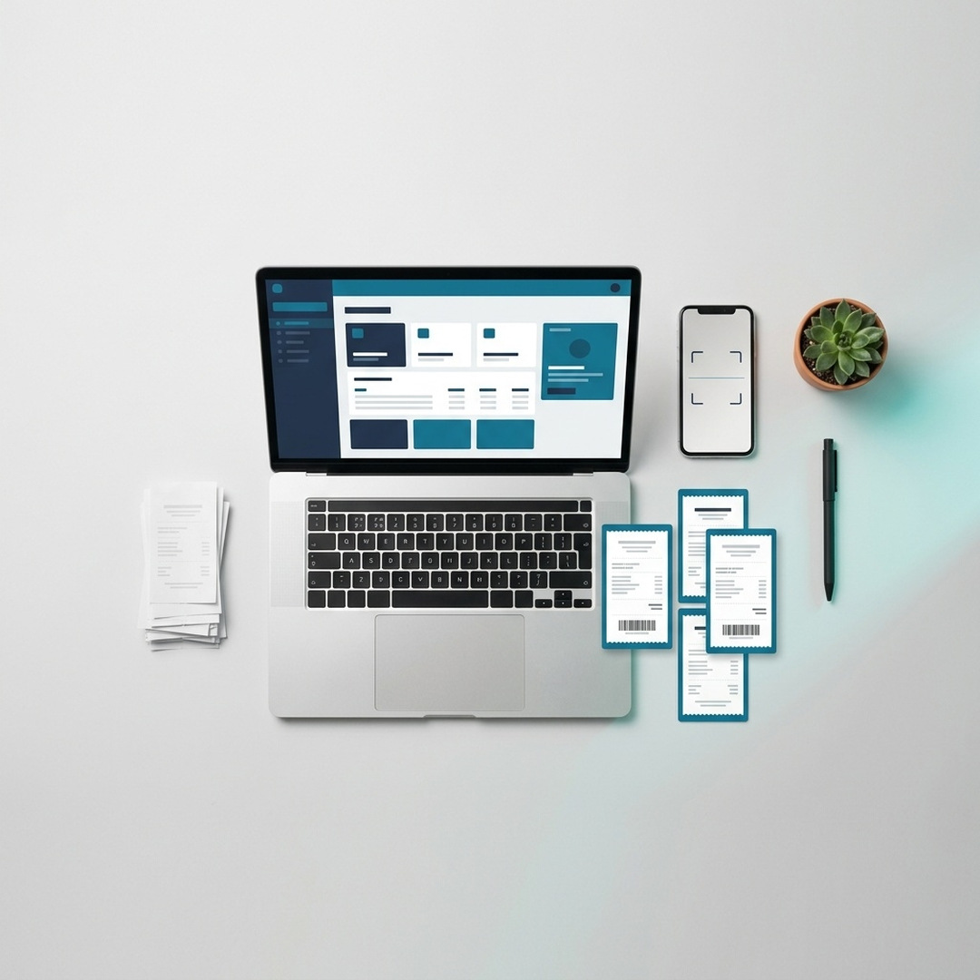 Aufgeräumter Arbeitsplatz von oben: Laptop mit Buchhaltungs-Oberfläche, Smartphone mit Beleg-Scan und sortierte Belege