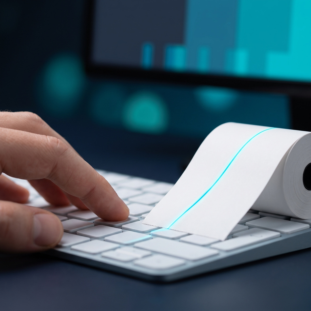 Digitale Belegerfassung im Detail: Eine azurblaue Lichtlinie läuft über einen Beleg auf der Tastatur